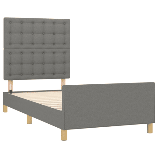 Estrutura de cama de solteiro Design c cabeceira tecido cinza-escuro 90x200 cm