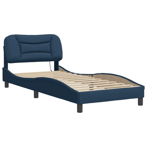Estrutura de cama de solteiro para adultos com LED 90x190 cm tecido azul