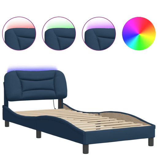 Estrutura de cama de solteiro para adultos com LED 90x190 cm tecido azul