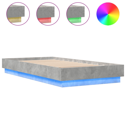 Estrutura de cama de solteiro para adultos com luzes LED 75x190 cm cinzento cimento