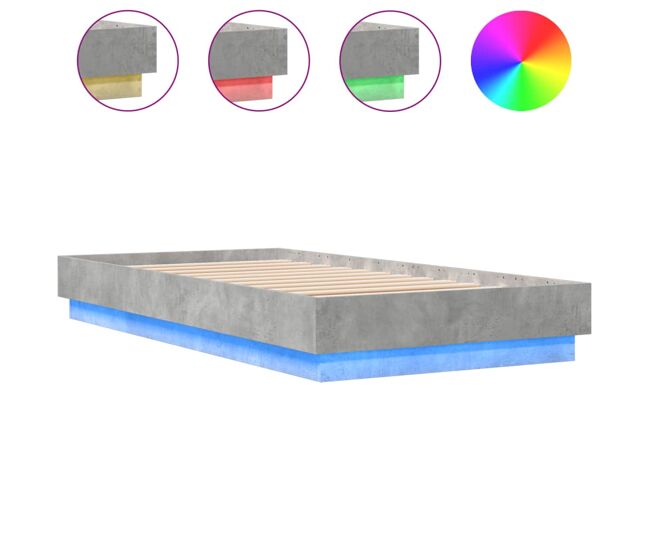 Estructura de cama individual para adultos con luces led gris hormigón 75x190 cm