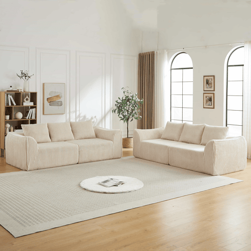 Sofá minimalista de 6 lugares - linhas fluidas e curvas, encosto ligeiramente inclinado, 6 almofadas - Bege