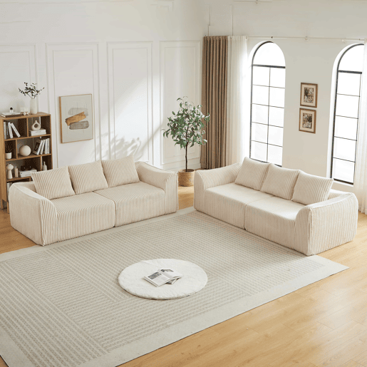 Sofá minimalista de 6 lugares - linhas fluidas e curvas, encosto ligeiramente inclinado, 6 almofadas - Bege