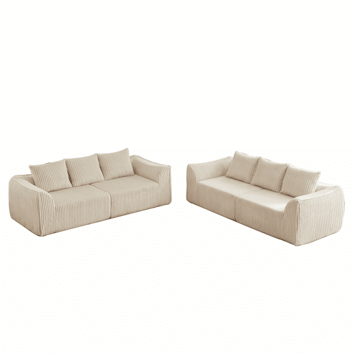 Sofá minimalista de 6 lugares - linhas fluidas e curvas, encosto ligeiramente inclinado, 6 almofadas - Bege