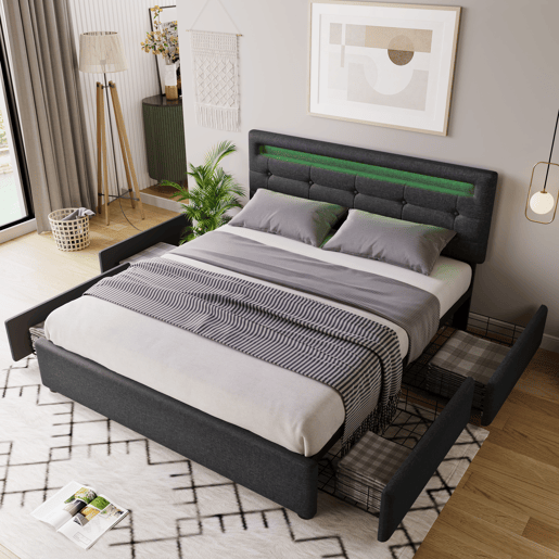 Cama estofada 140x200 cm - Com LED, 4 gavetas, cabeceira ajustável, estrado de madeira - Cinza
