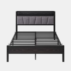 Cama 140x190cm - Estrutura com luzes LED, cabeceira com USB, lâminas metálicas, fácil montagem - Preto