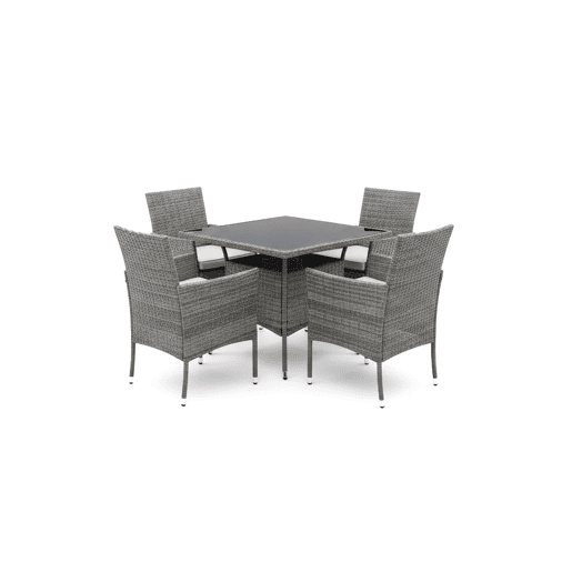 Conjunto de mesa quadrada + 4 cadeiras em rattan PE. Mobiliário para jardim e pátio, rattan cinza.