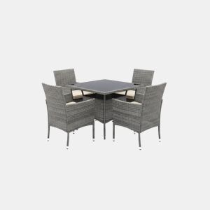 Conjunto de mesa quadrada + 4 cadeiras em rattan PE. Mobiliário para jardim e pátio, rattan cinza.
