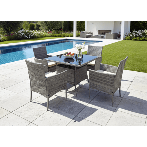 Conjunto de mesa quadrada + 4 cadeiras em rattan PE. Mobiliário para jardim e pátio, rattan cinza.