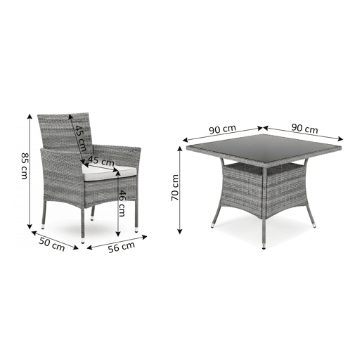 Conjunto de mesa quadrada + 4 cadeiras em rattan PE. Mobiliário para jardim e pátio, rattan cinza.
