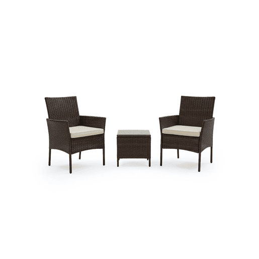 Conjunto de mesa e 2 cadeiras em rattan PE. Mobiliário para jardim e pátio, rattan castanho.