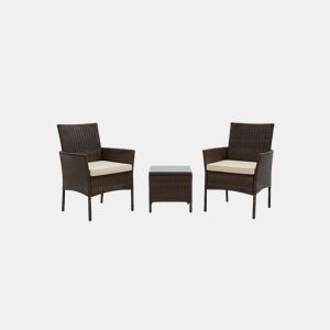 Conjunto de mesa e 2 cadeiras em rattan PE. Mobiliário para jardim e pátio, rattan castanho.