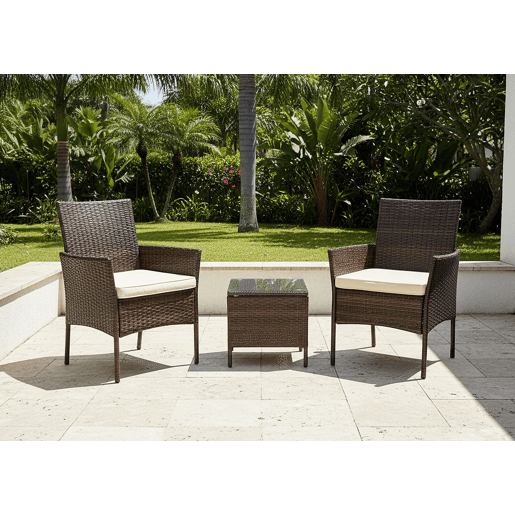 Conjunto de mesa e 2 cadeiras em rattan PE. Mobiliário para jardim e pátio, rattan castanho.