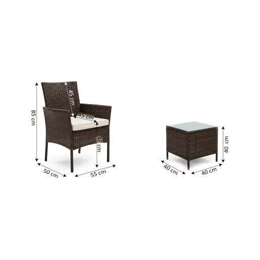 Conjunto de mesa e 2 cadeiras em rattan PE. Mobiliário para jardim e pátio, rattan castanho.