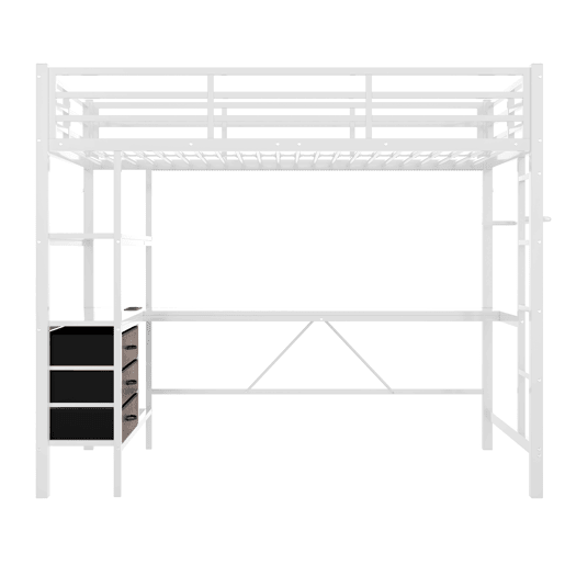 Cama alta 90x200cm - Com LED, secretária, tomada + USB, 3 gavetas, prateleiras, grade, escada, sem colchão - Branco Cama alta 90x200cm - Com LED, secretária, tomada + USB, 3 gavetas, prateleiras, grade, escada, sem colchão - Branco