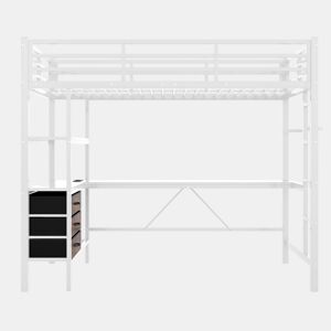 Cama alta 90x200cm - Com LED, secretária, tomada + USB, 3 gavetas, prateleiras, grade, escada, sem colchão - Branco