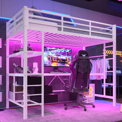 Cama alta 90x200cm - Com LED, secretária, tomada + USB, 3 gavetas, prateleiras, grade, escada, sem colchão - Branco Cama alta 90x200cm - Com LED, secretária, tomada + USB, 3 gavetas, prateleiras, grade, escada, sem colchão - Branco