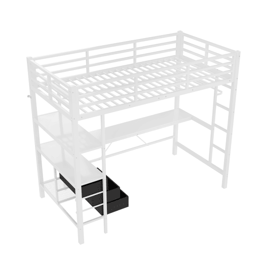Cama alta 90x200cm - Com LED, secretária, tomada + USB, 3 gavetas, prateleiras, grade, escada, sem colchão - Branco Cama alta 90x200cm - Com LED, secretária, tomada + USB, 3 gavetas, prateleiras, grade, escada, sem colchão - Branco