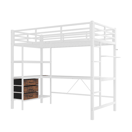 Cama alta 90x200cm - Com LED, secretária, tomada + USB, 3 gavetas, prateleiras, grade, escada, sem colchão - Branco Cama alta 90x200cm - Com LED, secretária, tomada + USB, 3 gavetas, prateleiras, grade, escada, sem colchão - Branco