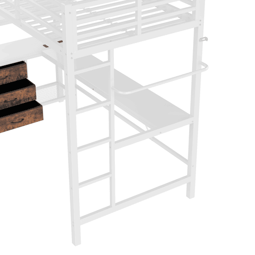 Cama alta 90x200cm - Com LED, secretária, tomada + USB, 3 gavetas, prateleiras, grade, escada, sem colchão - Branco Cama alta 90x200cm - Com LED, secretária, tomada + USB, 3 gavetas, prateleiras, grade, escada, sem colchão - Branco
