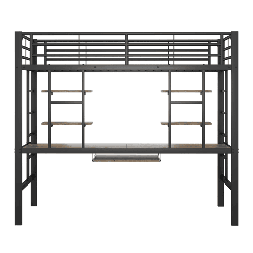 Cama alta 90x200 cm - Metal, secretária e 2 estantes integradas - Preto