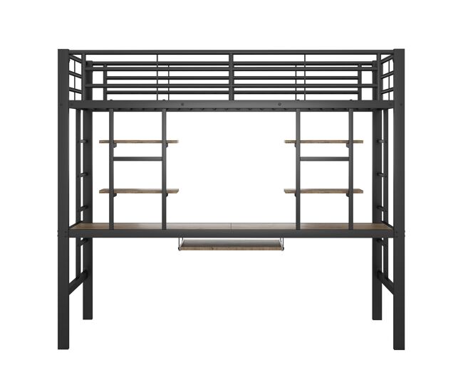 Cama alta 90x200 cm - metal, escritorio y 2 estanterías integradas - negro
