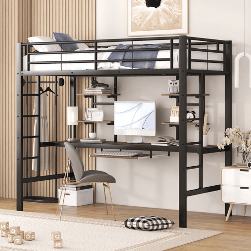 Cama alta 90x200 cm - Metal, secretária e 2 estantes integradas - Preto