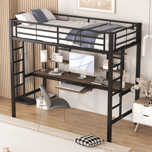 Cama alta 90x200 cm - Metal, secretária e 2 estantes integradas - Preto