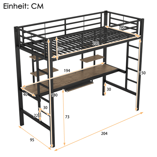 Cama alta 90x200 cm - Metal, secretária e 2 estantes integradas - Preto