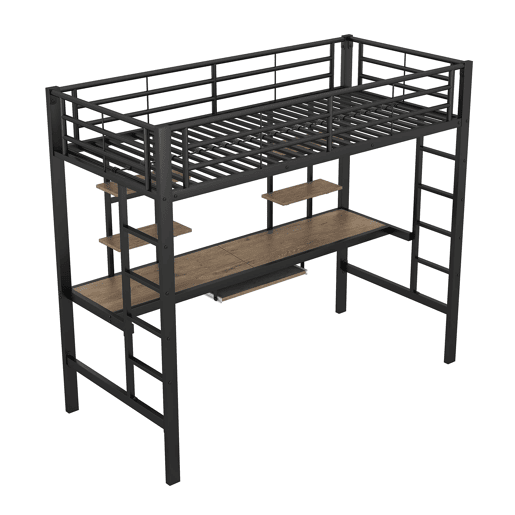 Cama alta 90x200 cm - Metal, secretária e 2 estantes integradas - Preto