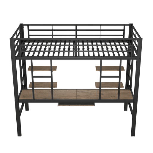Cama alta 90x200 cm - Metal, secretária e 2 estantes integradas - Preto