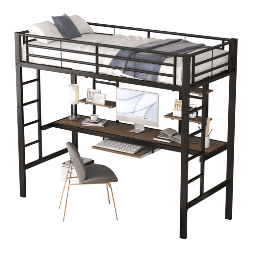 Cama alta 90x200 cm - Metal, secretária e 2 estantes integradas - Preto