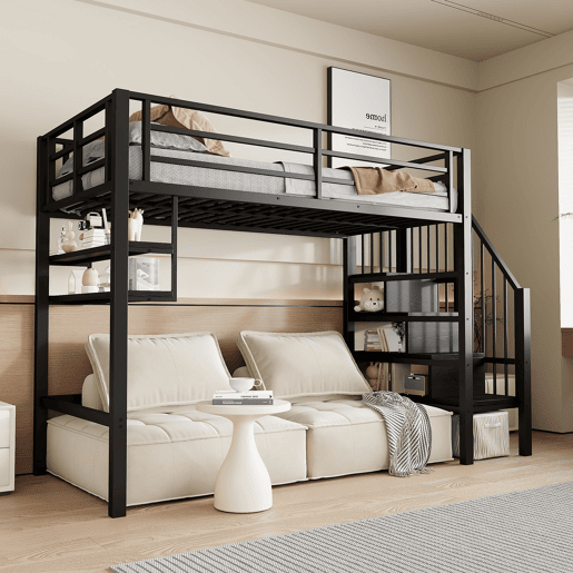 Cama alta 90x200cm - Estante, escada de arrumação, espaço livre para vestir-se, corrimão - Preto