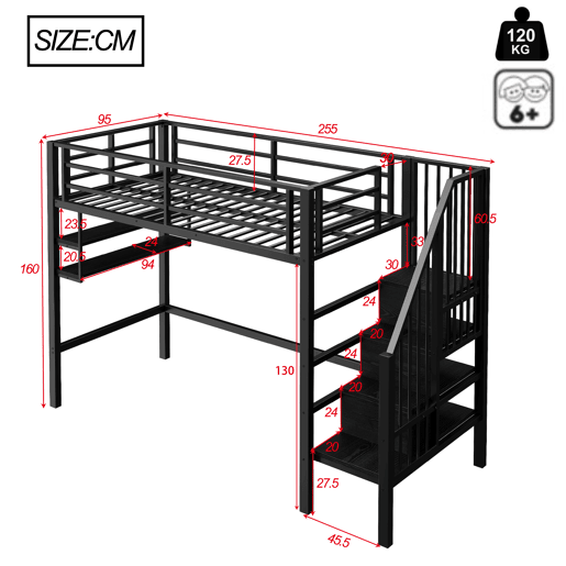 Cama alta 90x200cm - Estante, escada de arrumação, espaço livre para vestir-se, corrimão - Preto