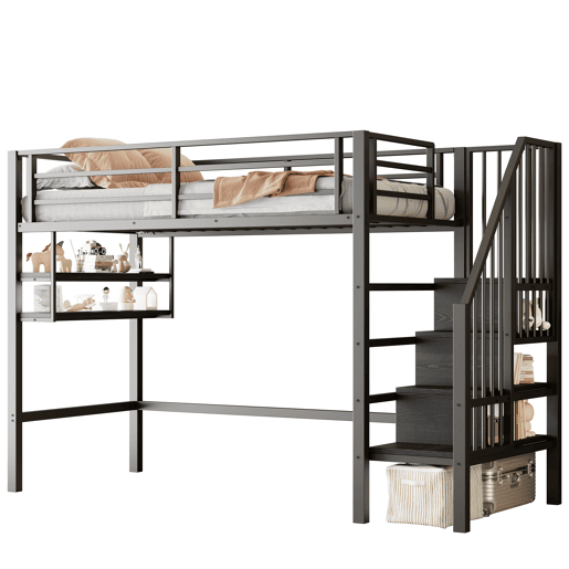 Cama alta 90x200cm - Estante, escada de arrumação, espaço livre para vestir-se, corrimão - Preto
