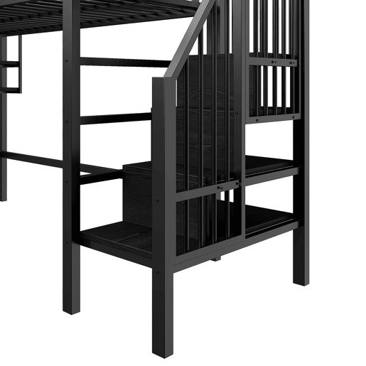 Cama alta 90x200cm - Estante, escada de arrumação, espaço livre para vestir-se, corrimão - Preto