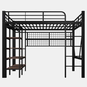 Cama Alta 140x200 cm - Estrutura metálica, prateleira, barra para roupa, espaço aberto, iluminação LED - Preto