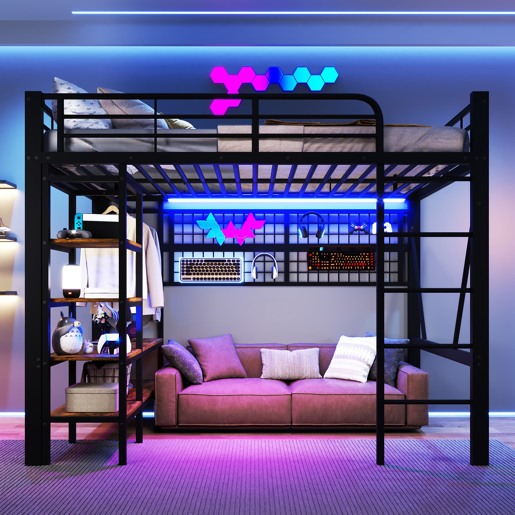 Cama Alta 140x200 cm - Estrutura metálica, prateleira, barra para roupa, espaço aberto, iluminação LED - Preto