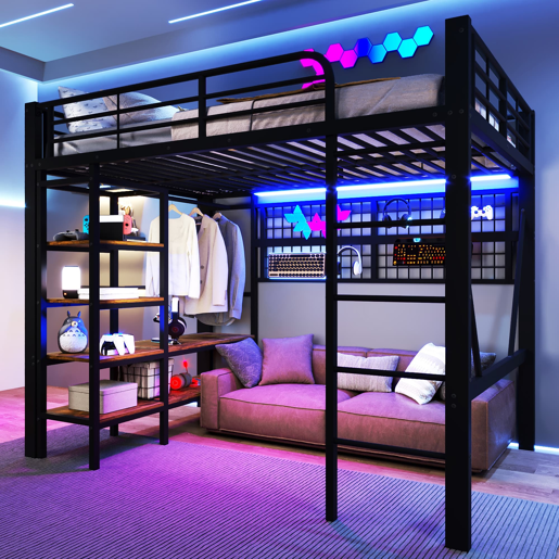 Cama Alta 140x200 cm - Estrutura metálica, prateleira, barra para roupa, espaço aberto, iluminação LED - Preto