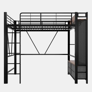 Cama alta 90x200 cm - estrutura em ferro, barra para secar roupa, prateleiras, 4 gavetas, USB+Type-C, LED, grade de proteção, escada, painel perfurado - preto