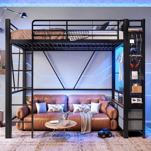Cama alta 90x200 cm - estrutura em ferro, barra para secar roupa, prateleiras, 4 gavetas, USB+Type-C, LED, grade de proteção, escada, painel perfurado - preto