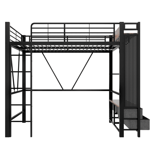 Cama alta 90x200 cm - estrutura em ferro, barra para secar roupa, prateleiras, 4 gavetas, USB+Type-C, LED, grade de proteção, escada, painel perfurado - preto