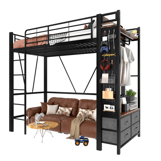 Cama alta 90x200 cm - estrutura em ferro, barra para secar roupa, prateleiras, 4 gavetas, USB+Type-C, LED, grade de proteção, escada, painel perfurado - preto