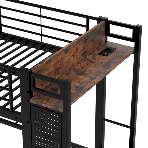 Cama alta 90x200 cm - estrutura em ferro, barra para secar roupa, prateleiras, 4 gavetas, USB+Type-C, LED, grade de proteção, escada, painel perfurado - preto