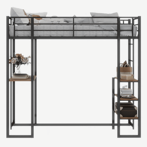Cama infantil de ferro com secretária em L e escada reversível com corrimão - preto