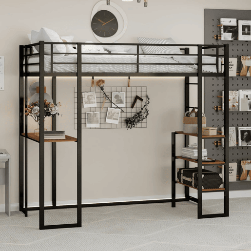 Cama infantil de ferro com secretária em L e escada reversível com corrimão - preto