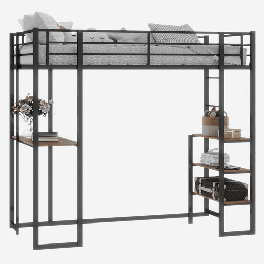 Cama infantil de ferro com secretária em L e escada reversível com corrimão - preto