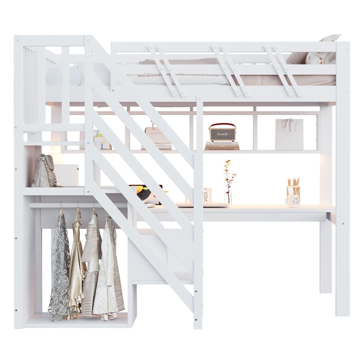 Cama individual 90x200 - escalera con armario, escritorio, usb y luz led - blanco