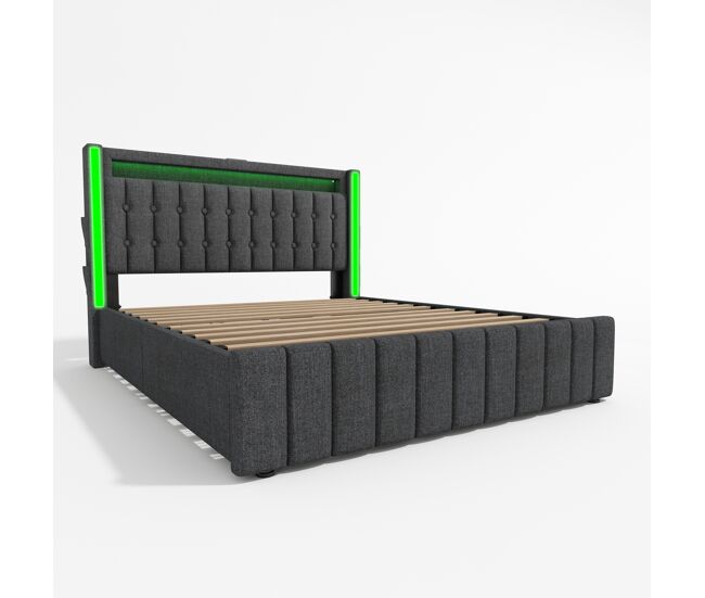 Cama tapizada 160x200cm - con usb, led y 4 cajones de almacenamiento - gris