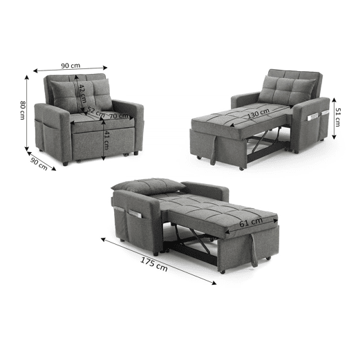 Sofá-cama Pabs de 1 lugar, 90 cm, cinza